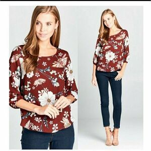 3/4 Sleeves Floral Top Burgundy/ Maroon